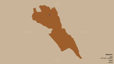Makueni Bölgesi, Kenya Bölgesi, jeoreferated sınır kutusunda sağlam bir arka planda izole edilmiş. Etiketler. Desenli dokuların bileşimi. 3B görüntüleme