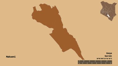 Kenya 'nın Makueni ilçesi, başkenti sağlam arka planda izole edilmiştir. Uzaklık ölçeği, bölge önizlemesi ve etiketleri. Desenli dokuların bileşimi. 3B görüntüleme