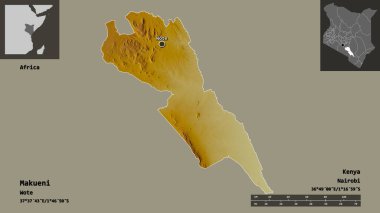 Kenya 'nın Makueni ilçesi ve başkenti. Uzaklık ölçeği, ön gösterimler ve etiketler. Topografik yardım haritası. 3B görüntüleme