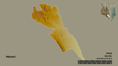 Kenya 'nın Makueni ilçesi, başkenti sağlam arka planda izole edilmiştir. Uzaklık ölçeği, bölge önizlemesi ve etiketleri. Topografik yardım haritası. 3B görüntüleme