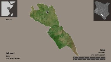 Kenya 'nın Makueni ilçesi ve başkenti. Uzaklık ölçeği, ön gösterimler ve etiketler. Uydu görüntüleri. 3B görüntüleme