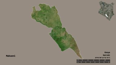 Kenya 'nın Makueni ilçesi, başkenti sağlam arka planda izole edilmiştir. Uzaklık ölçeği, bölge önizlemesi ve etiketleri. Uydu görüntüleri. 3B görüntüleme