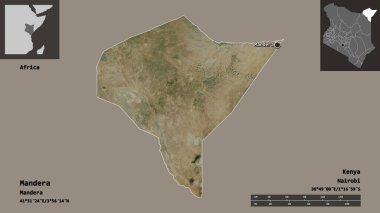 Mandera 'nın şekli, Kenya ilçesi ve başkenti. Uzaklık ölçeği, ön gösterimler ve etiketler. Uydu görüntüleri. 3B görüntüleme