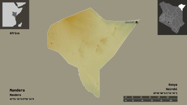 Mandera 'nın şekli, Kenya ilçesi ve başkenti. Uzaklık ölçeği, ön gösterimler ve etiketler. Topografik yardım haritası. 3B görüntüleme