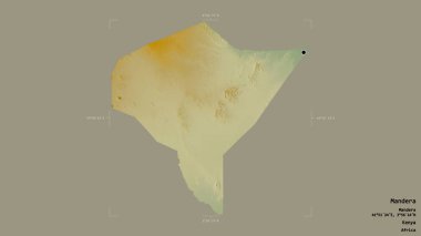 Mandera bölgesi, Kenya ilçesi, katı bir arka planda izole edilmiş bir sınır kutusunda. Etiketler. Topografik yardım haritası. 3B görüntüleme