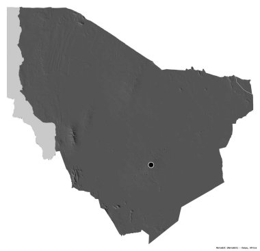 Kenya 'nın Marsabit ilçesi, başkenti beyaz arka planda izole edilmiştir. Çift seviyeli yükseklik haritası. 3B görüntüleme