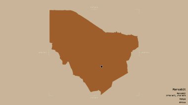 Kenya 'nın Marsabit ilçesi, jeoreferatlı bir sınır kutusunda sağlam bir arka planda izole edilmiş. Etiketler. Desenli dokuların bileşimi. 3B görüntüleme