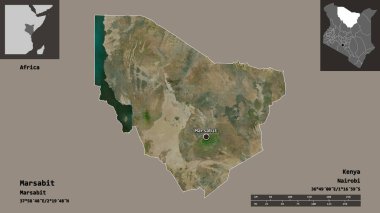 Kenya 'nın Marsabit ilçesi ve başkenti. Uzaklık ölçeği, ön gösterimler ve etiketler. Uydu görüntüleri. 3B görüntüleme