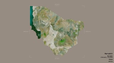 Kenya 'nın Marsabit ilçesi, jeoreferatlı bir sınır kutusunda sağlam bir arka planda izole edilmiş. Etiketler. Uydu görüntüleri. 3B görüntüleme