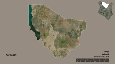 Kenya 'nın Marsabit ilçesi, başkenti sağlam arka planda izole edilmiştir. Uzaklık ölçeği, bölge önizlemesi ve etiketleri. Uydu görüntüleri. 3B görüntüleme