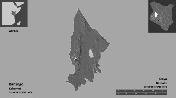 ケニアの郡バリンゴとその首都の形 距離スケール プレビューおよびラベル 標高マップ 3Dレンダリング — ストック写真