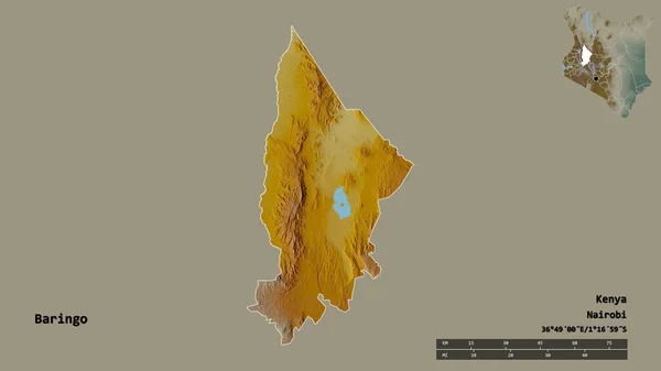 肯尼亚巴林戈县的形状 其首都在坚实的背景下与世隔绝 距离尺度 区域预览和标签 地形浮雕图 3D渲染 — 图库照片