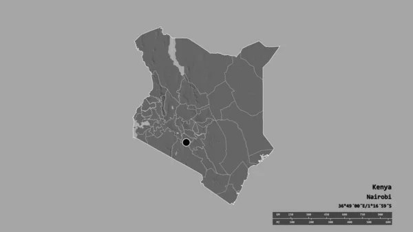 以首都 主要区域分部和分离的邦戈马地区为首都的肯尼亚的绝望面貌 Bilevel高程图 3D渲染 — 图库照片