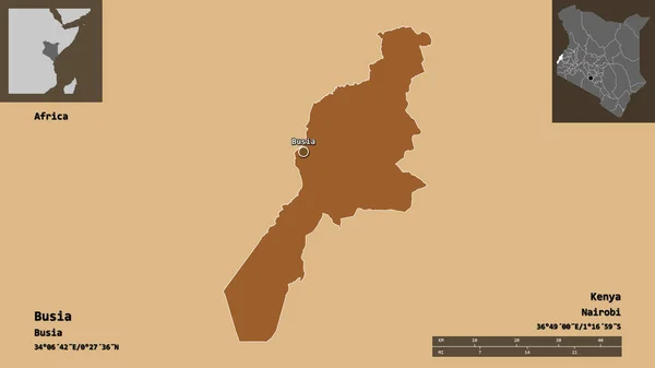 ブシアの形 ケニアの郡とその首都 距離スケール プレビューおよびラベル パターン化されたテクスチャの構成 3Dレンダリング — ストック写真