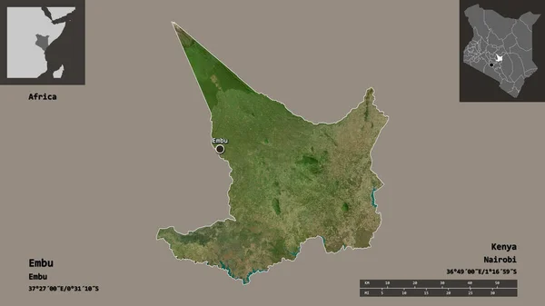 肯尼亚的Embu形状和它的首都 距离刻度 预览和标签 卫星图像 3D渲染 — 图库照片