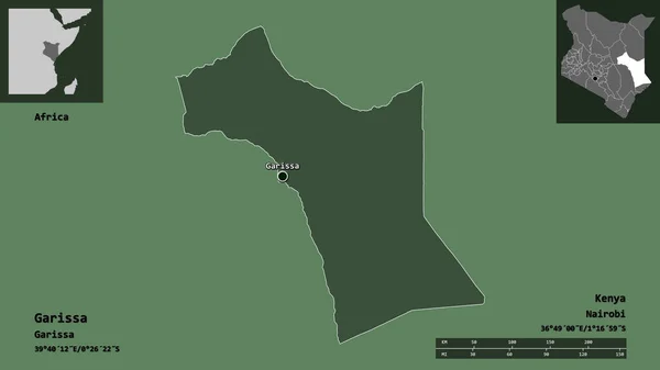 ガリッサの形 ケニアの郡とその首都 距離スケール プレビューおよびラベル 色の標高マップ 3Dレンダリング — ストック写真