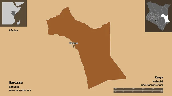 ガリッサの形 ケニアの郡とその首都 距離スケール プレビューおよびラベル パターン化されたテクスチャの構成 3Dレンダリング — ストック写真