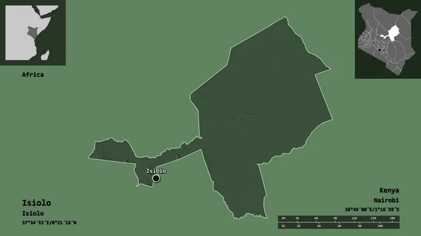 ケニアの郡イシオーロとその首都の形 距離スケール プレビューおよびラベル 色の標高マップ 3Dレンダリング — ストック写真