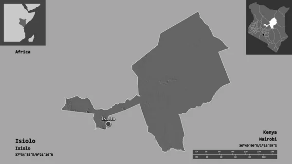 ケニアの郡イシオーロとその首都の形 距離スケール プレビューおよびラベル 標高マップ 3Dレンダリング — ストック写真