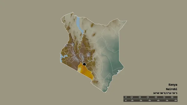 主要な地域部門と分離されたカジアド地域とケニアの荒廃した形 ラベル 地形図 3Dレンダリング — ストック写真