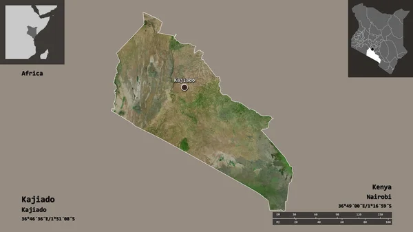 ケニアの郡であるカジアドとその首都の形 距離スケール プレビューおよびラベル 衛星画像 3Dレンダリング — ストック写真