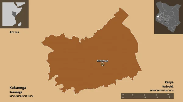 ケニアのカカメガ郡とその首都の形 距離スケール プレビューおよびラベル パターン化されたテクスチャの構成 3Dレンダリング — ストック写真