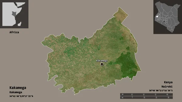 肯尼亚卡卡梅加县的形状及其首府 距离刻度 预览和标签 卫星图像 3D渲染 — 图库照片