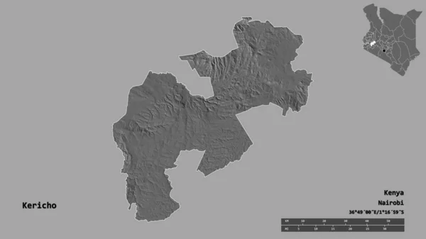 ケニアの郡ケリコの形は その首都をしっかりとした背景に隔離されています 距離スケール リージョンプレビュー およびラベル 標高マップ 3Dレンダリング — ストック写真