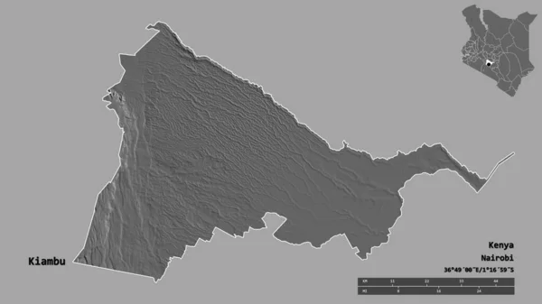 肯亚的坎布县的形状 其首府在坚实的背景上与世隔绝 距离尺度 区域预览和标签 Bilevel高程图 3D渲染 — 图库照片