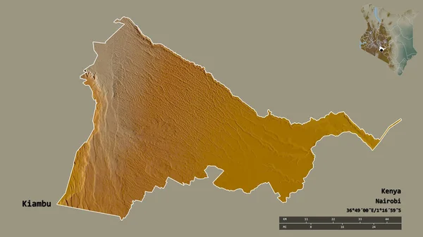 ケニアの郡キアンブの形で その首都はしっかりとした背景に隔離されています 距離スケール リージョンプレビュー およびラベル 地形図 3Dレンダリング — ストック写真