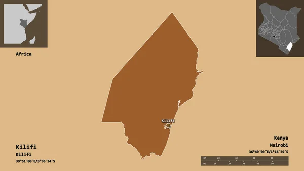 ケニアの郡キリフィとその首都の形 距離スケール プレビューおよびラベル パターン化されたテクスチャの構成 3Dレンダリング — ストック写真