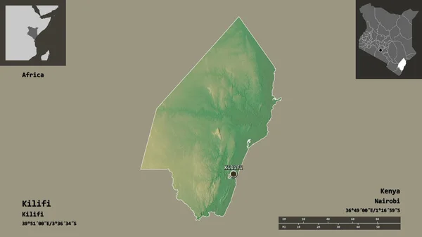 肯尼亚基里菲县及其首府的形状 距离刻度 预览和标签 地形浮雕图 3D渲染 — 图库照片