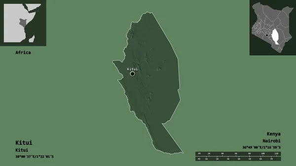 肯尼亚的Kitui形状 以及它的首都 距离刻度 预览和标签 彩色高程图 3D渲染 — 图库照片