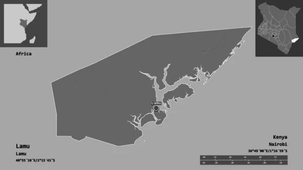 肯尼亚拉穆县及其首府的形状 距离刻度 预览和标签 Bilevel高程图 3D渲染 — 图库照片