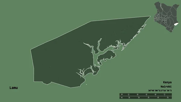 ケニアの郡ラムの形で その首都はしっかりとした背景に隔離されています 距離スケール リージョンプレビュー およびラベル 色の標高マップ 3Dレンダリング — ストック写真