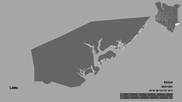 肯尼亚拉穆县的形状 其首府在坚实的背景上与世隔绝 距离尺度 区域预览和标签 Bilevel高程图 3D渲染 — 图库照片
