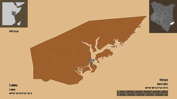 ケニアの郡ラムとその首都の形 距離スケール プレビューおよびラベル パターン化されたテクスチャの構成 3Dレンダリング — ストック写真