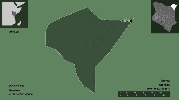 肯尼亚的曼得拉县及其首府的形状 距离刻度 预览和标签 彩色高程图 3D渲染 — 图库照片