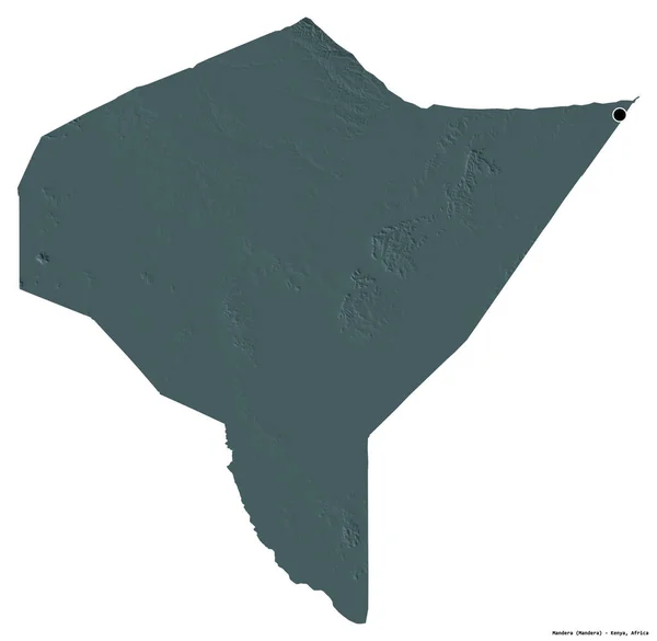 肯尼亚曼得拉县的形状 其首府被白色背景隔离 彩色高程图 3D渲染 — 图库照片
