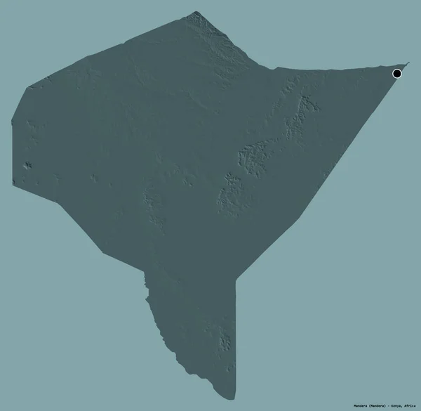 肯尼亚曼得拉县的形状 其首府以纯色背景隔离 彩色高程图 3D渲染 — 图库照片
