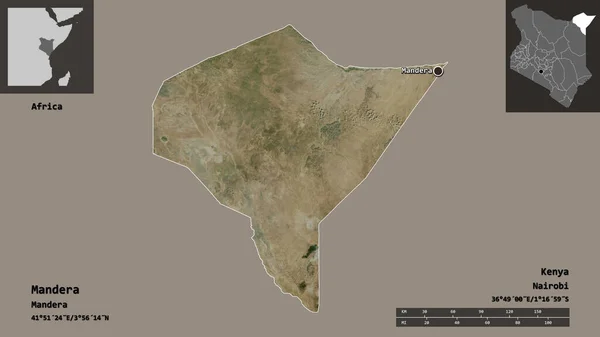 肯尼亚的曼得拉县及其首府的形状 距离刻度 预览和标签 卫星图像 3D渲染 — 图库照片