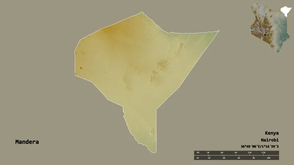 肯尼亚曼得拉县的形状 其首都在坚实的背景下与世隔绝 距离尺度 区域预览和标签 地形浮雕图 3D渲染 — 图库照片