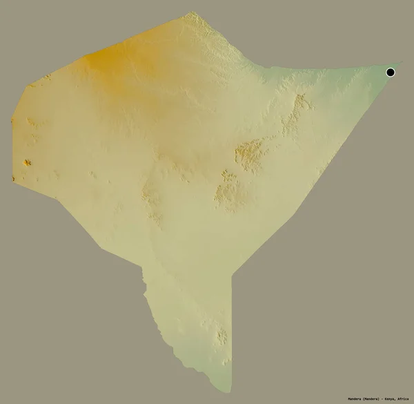 ケニアの郡マンデラの形で その首都はしっかりとした色の背景に隔離されています 地形図 3Dレンダリング — ストック写真