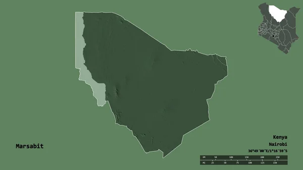马萨比特形状 肯尼亚县 其首都孤立的坚实的背景 距离尺度 区域预览和标签 彩色高程图 3D渲染 — 图库照片