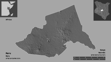 Kenya 'nın Meru ilçesi ve başkenti. Uzaklık ölçeği, ön gösterimler ve etiketler. Çift seviyeli yükseklik haritası. 3B görüntüleme