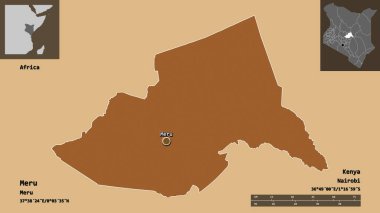 Kenya 'nın Meru ilçesi ve başkenti. Uzaklık ölçeği, ön gösterimler ve etiketler. Desenli dokuların bileşimi. 3B görüntüleme