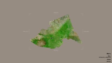Meru bölgesi, Kenya ilçesi, jeoreferatlı bir sınır kutusunda sağlam bir arka planda izole edilmiş. Etiketler. Uydu görüntüleri. 3B görüntüleme