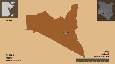 Kenya 'nın Migori ilçesi ve başkenti. Uzaklık ölçeği, ön gösterimler ve etiketler. Desenli dokuların bileşimi. 3B görüntüleme