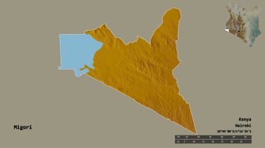Kenya 'nın Migori ilçesi, başkenti sağlam arka planda izole edilmiştir. Uzaklık ölçeği, bölge önizlemesi ve etiketleri. Topografik yardım haritası. 3B görüntüleme