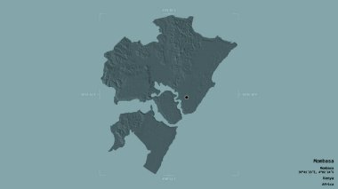 Mombasa bölgesi, Kenya ilçesi, jeoreferatlı bir sınır kutusunda sağlam bir arka planda izole edilmiş. Etiketler. Renkli yükseklik haritası. 3B görüntüleme